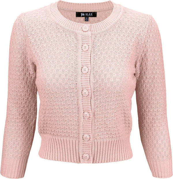 YEMAK Women's Cropped 3/4 Sleeve Crewneck Button-Down Cardigan Sweater