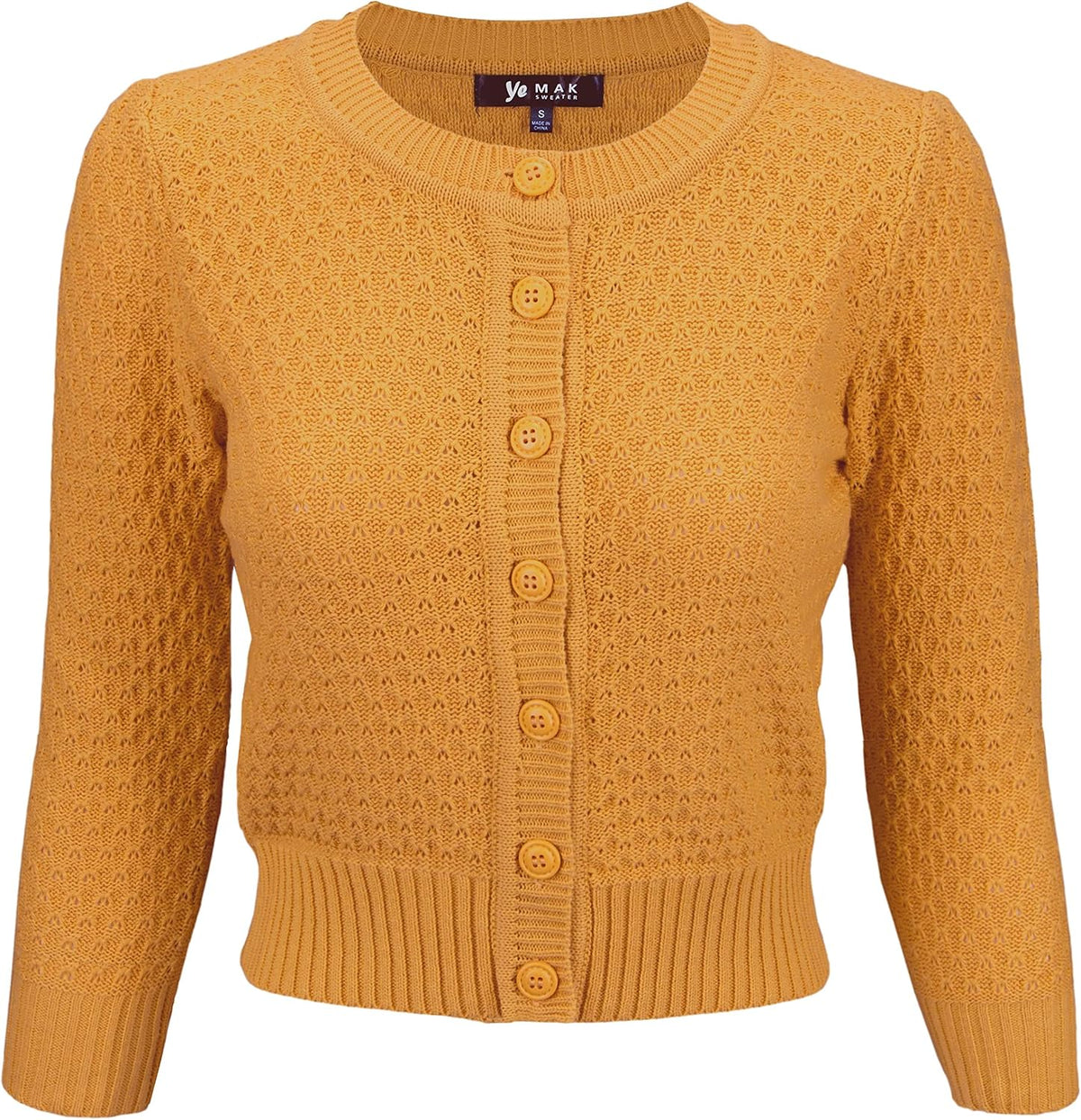 YEMAK Women's Cropped 3/4 Sleeve Crewneck Button-Down Cardigan Sweater