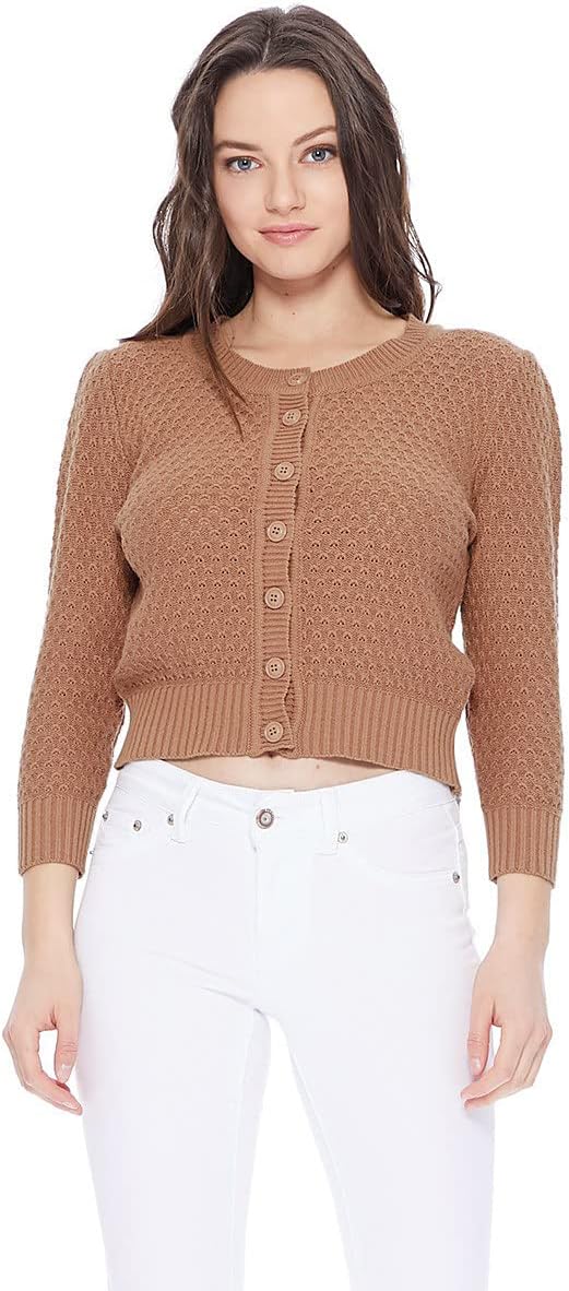 YEMAK Women's Cropped 3/4 Sleeve Crewneck Button-Down Cardigan Sweater