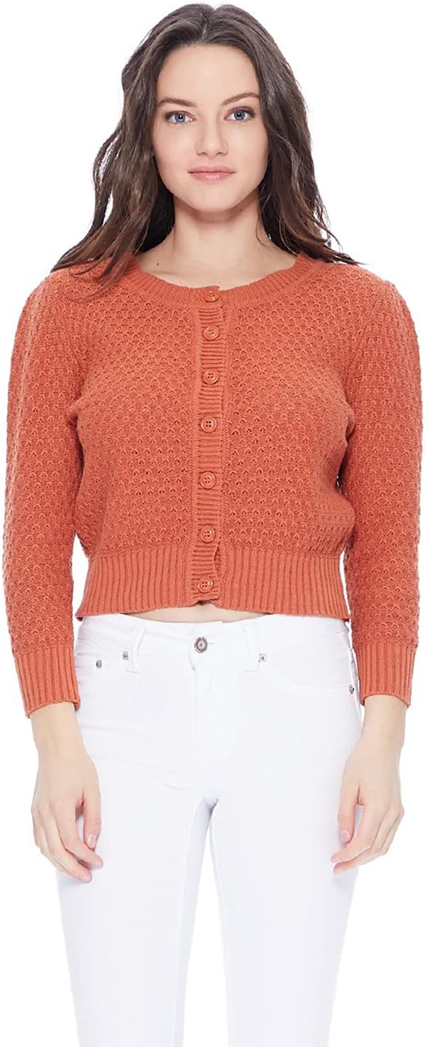 YEMAK Women's Cropped 3/4 Sleeve Crewneck Button-Down Cardigan Sweater