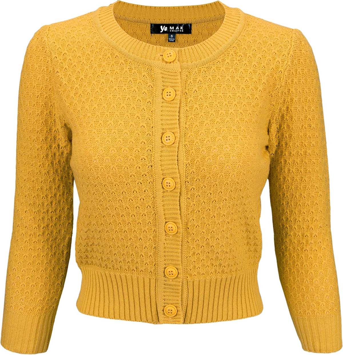YEMAK Women's Cropped 3/4 Sleeve Crewneck Button-Down Cardigan Sweater