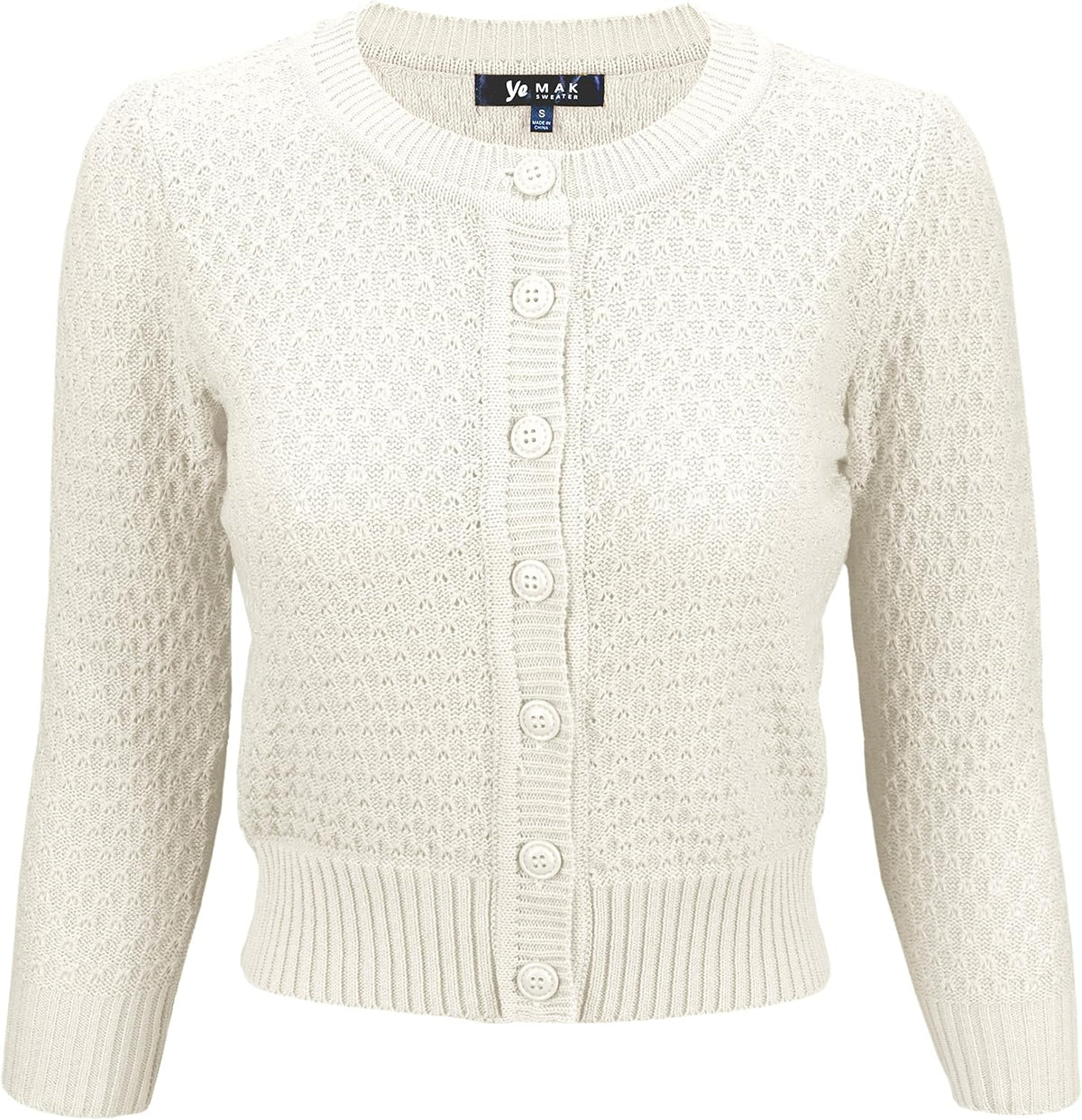 YEMAK Women's Cropped 3/4 Sleeve Crewneck Button-Down Cardigan Sweater