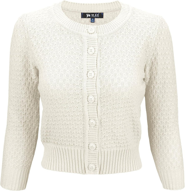 YEMAK Women's Cropped 3/4 Sleeve Crewneck Button-Down Cardigan Sweater