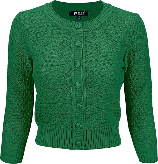 YEMAK Women's Cropped 3/4 Sleeve Crewneck Button-Down Cardigan Sweater