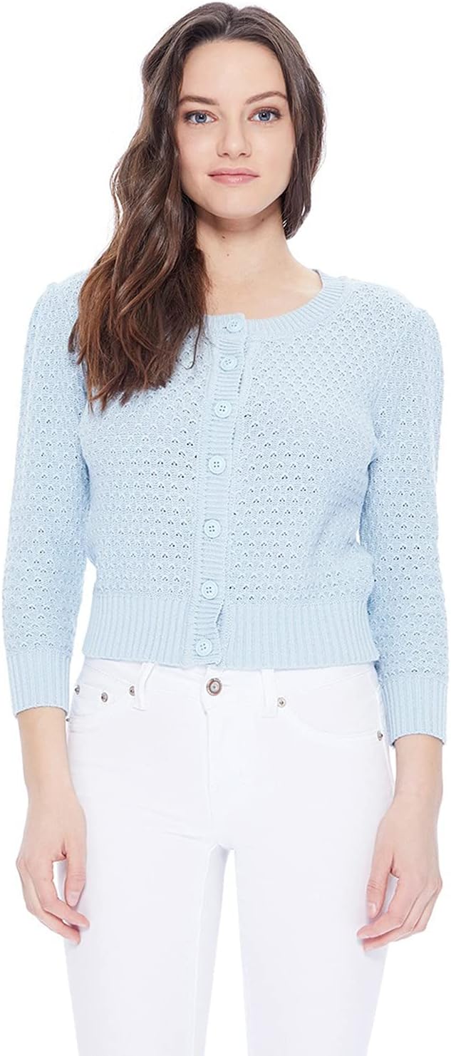 YEMAK Women's Cropped 3/4 Sleeve Crewneck Button-Down Cardigan Sweater