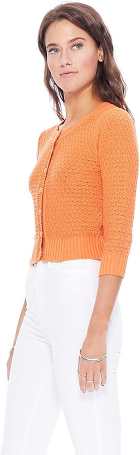 YEMAK Women's Cropped 3/4 Sleeve Crewneck Button-Down Cardigan Sweater