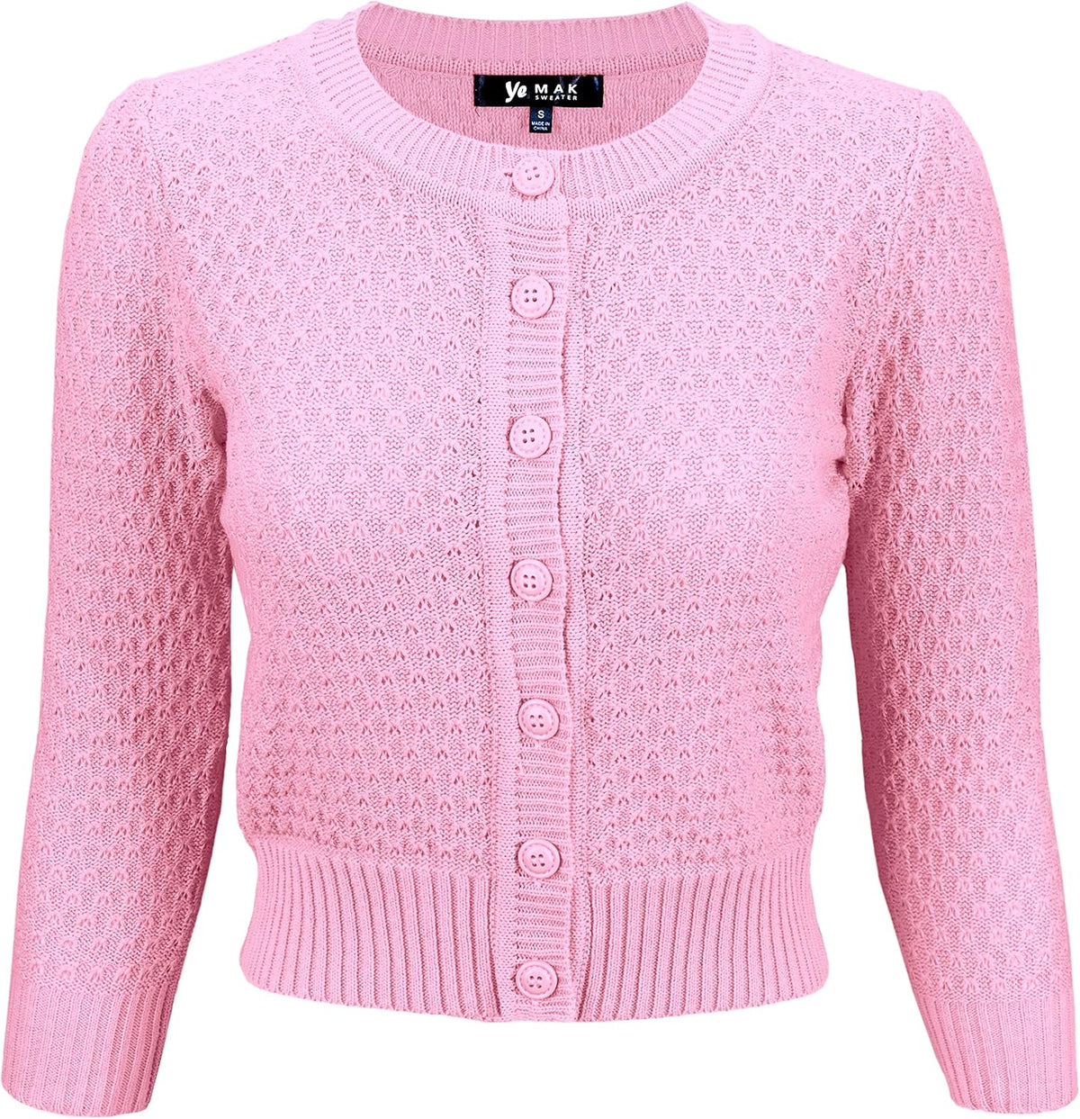 YEMAK Women's Cropped 3/4 Sleeve Crewneck Button-Down Cardigan Sweater