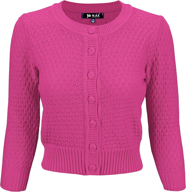 YEMAK Women's Cropped 3/4 Sleeve Crewneck Button-Down Cardigan Sweater