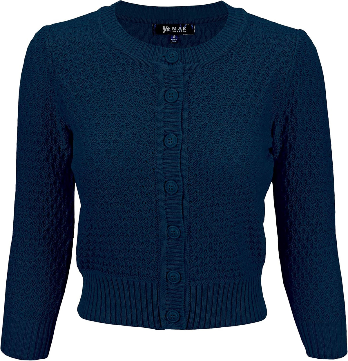 YEMAK Women's Cropped 3/4 Sleeve Crewneck Button-Down Cardigan Sweater