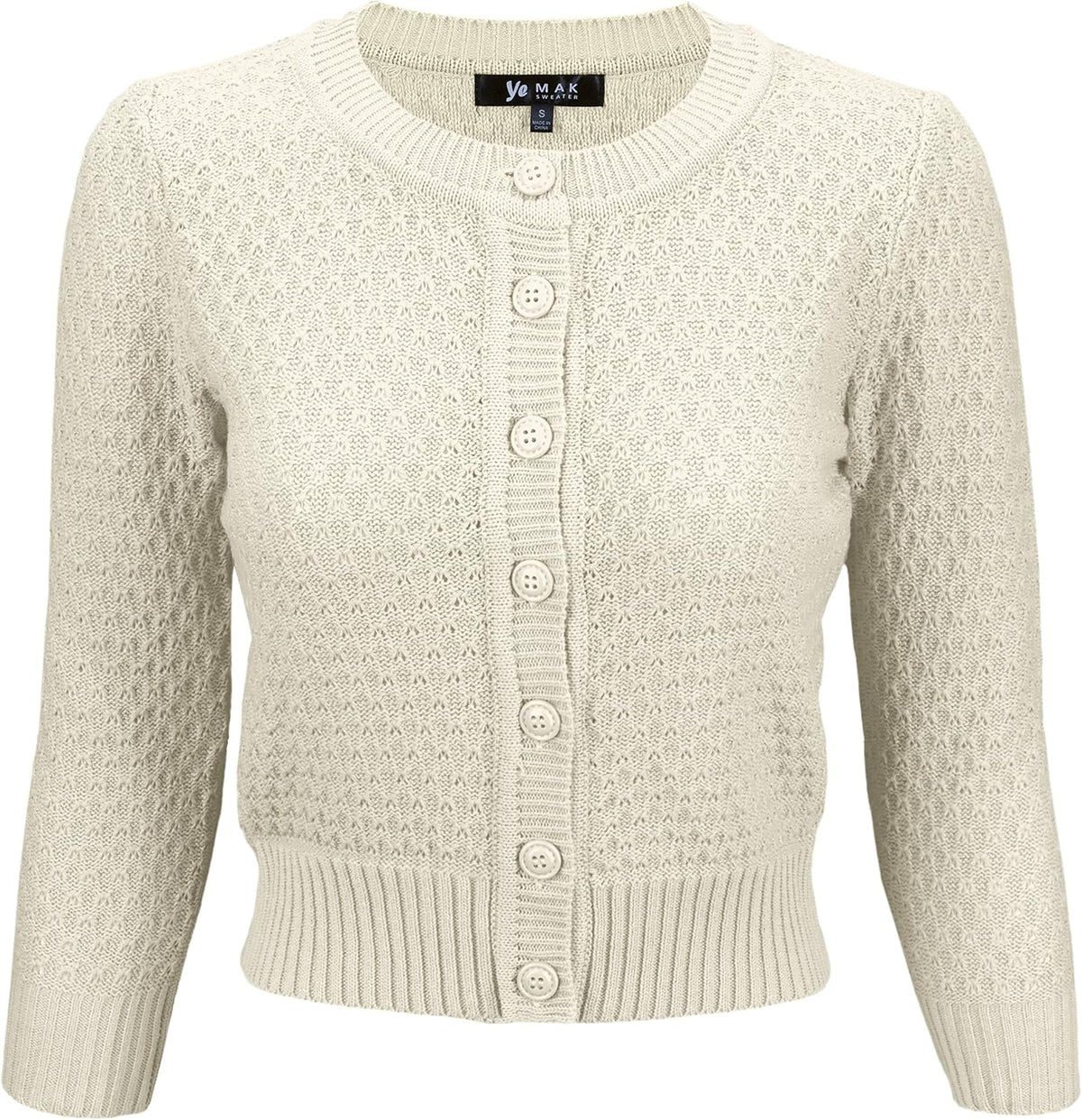 YEMAK Women's Cropped 3/4 Sleeve Crewneck Button-Down Cardigan Sweater