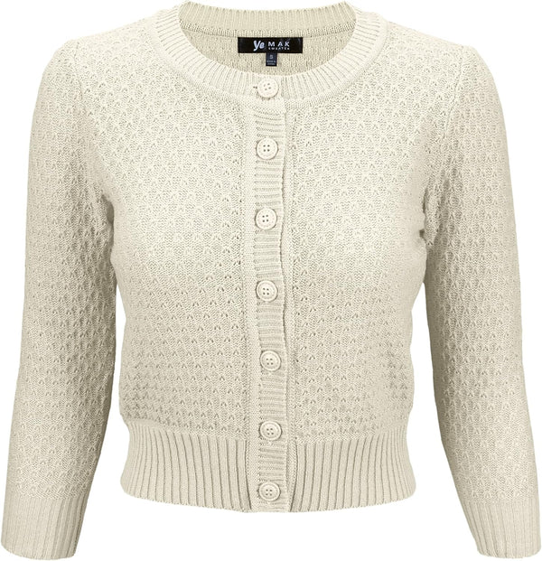 YEMAK Women's Cropped 3/4 Sleeve Crewneck Button-Down Cardigan Sweater