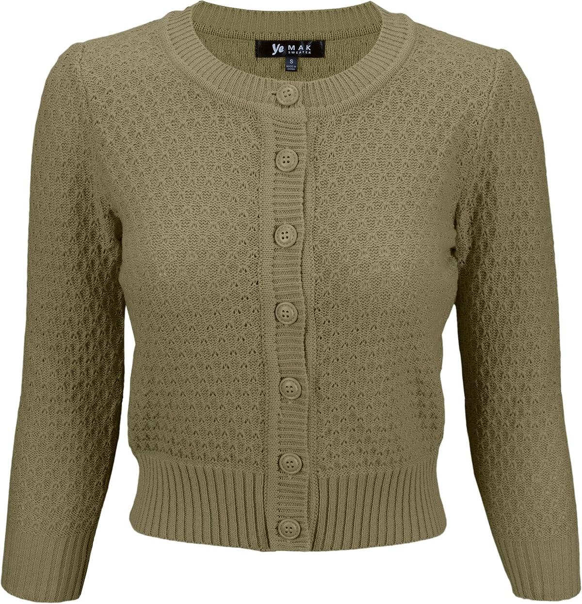 YEMAK Women's Cropped 3/4 Sleeve Crewneck Button-Down Cardigan Sweater