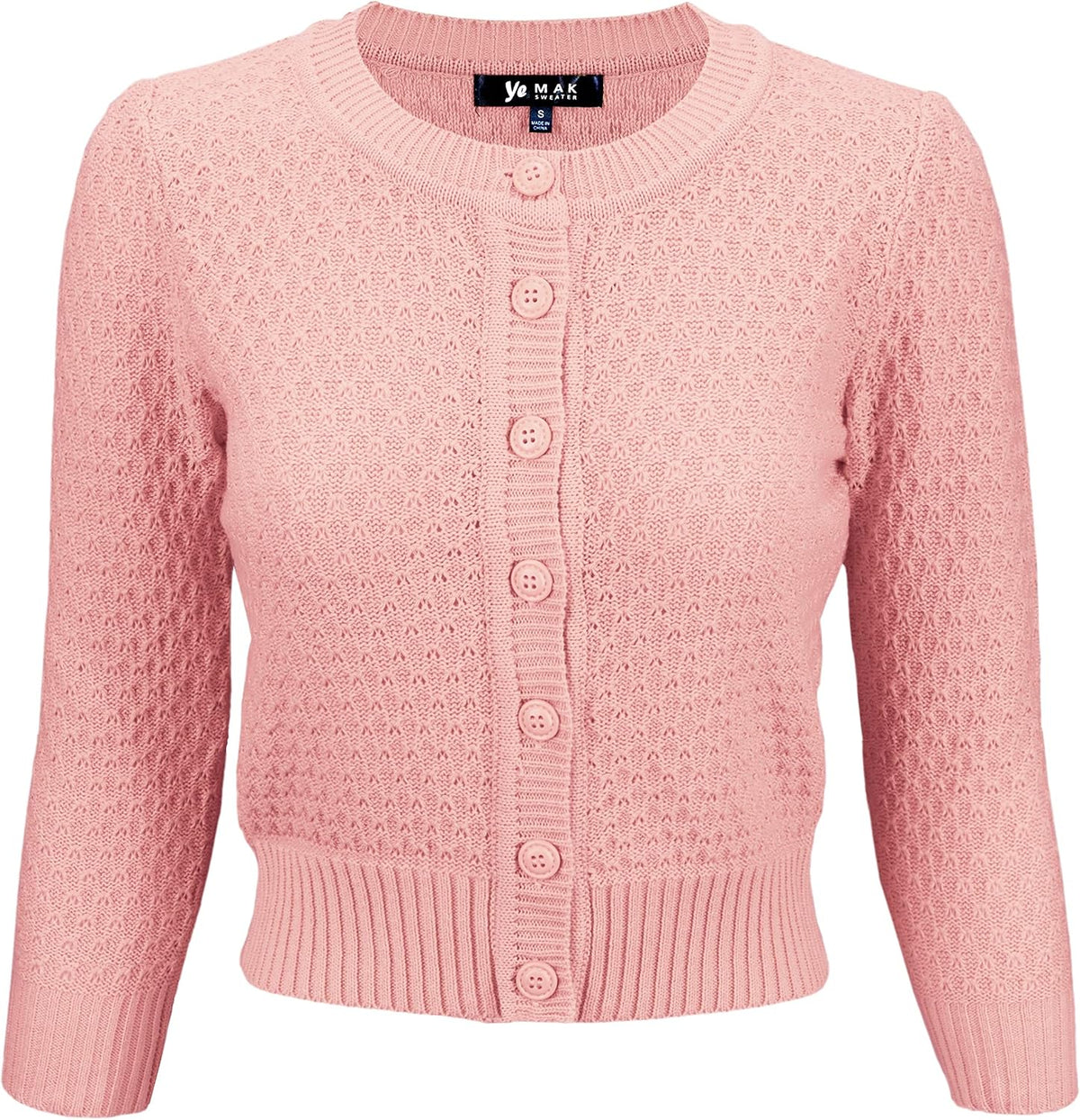 YEMAK Women's Cropped 3/4 Sleeve Crewneck Button-Down Cardigan Sweater