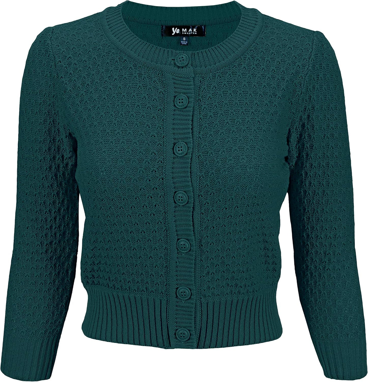YEMAK Women's Cropped 3/4 Sleeve Crewneck Button-Down Cardigan Sweater