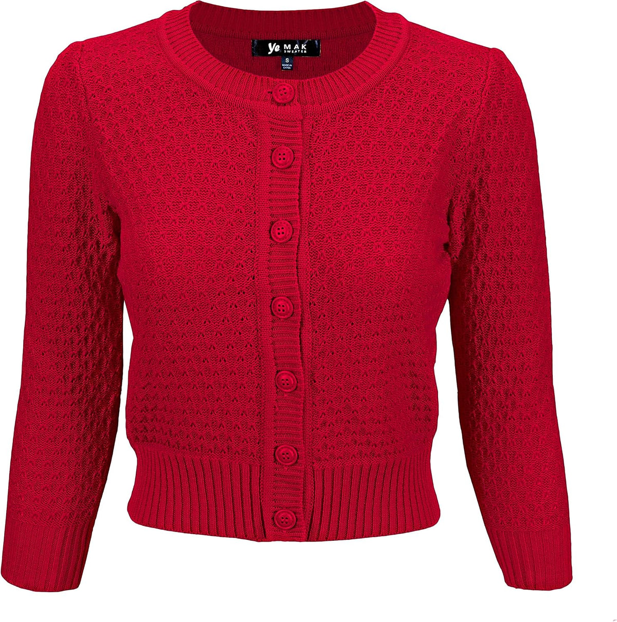 YEMAK Women's Cropped 3/4 Sleeve Crewneck Button-Down Cardigan Sweater