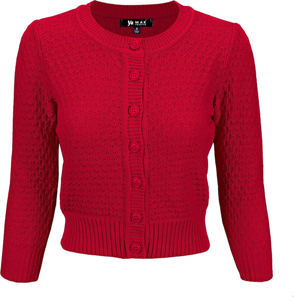YEMAK Women's Cropped 3/4 Sleeve Crewneck Button-Down Cardigan Sweater