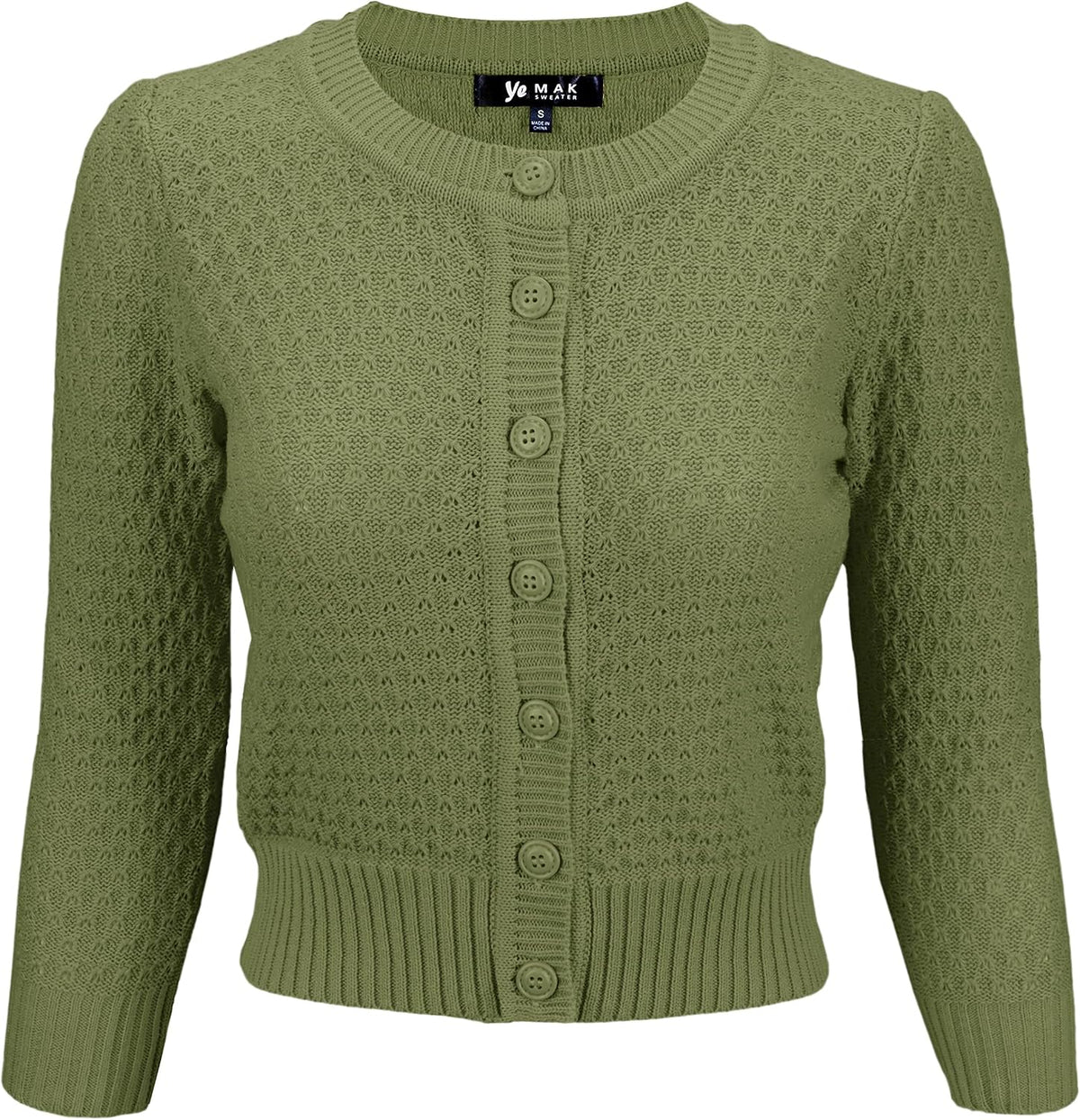 YEMAK Women's Cropped 3/4 Sleeve Crewneck Button-Down Cardigan Sweater