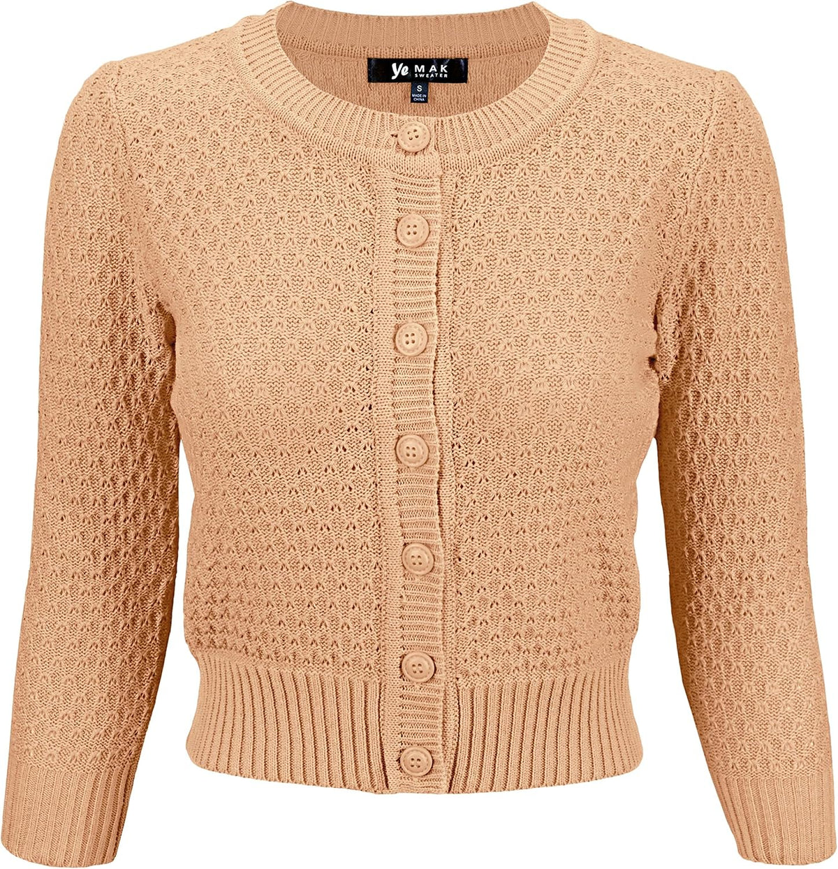 YEMAK Women's Cropped 3/4 Sleeve Crewneck Button-Down Cardigan Sweater