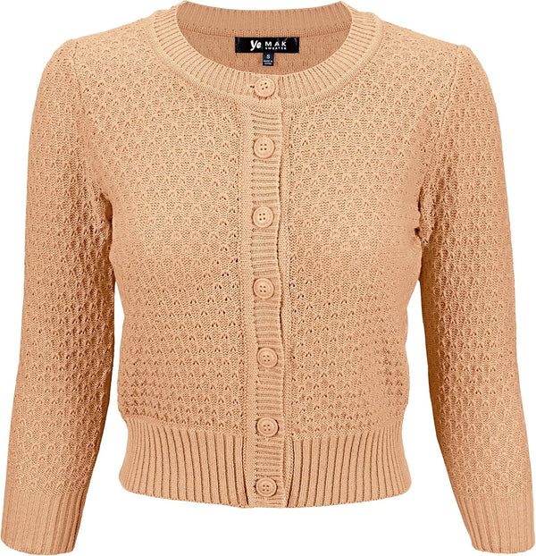 YEMAK Women's Cropped 3/4 Sleeve Crewneck Button-Down Cardigan Sweater
