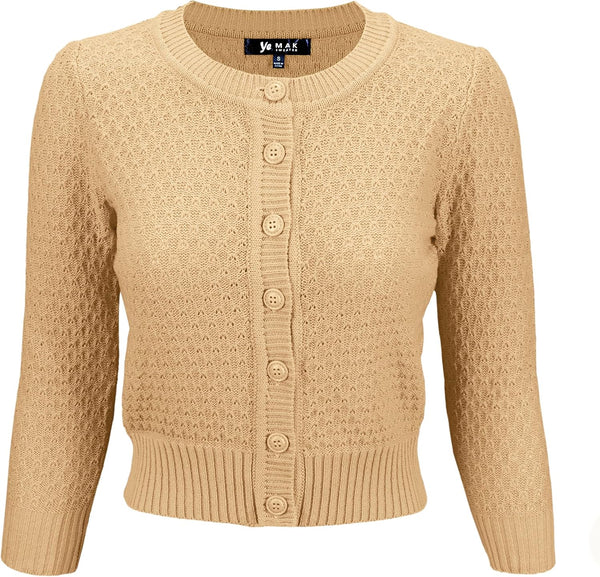 YEMAK Women's Cropped 3/4 Sleeve Crewneck Button-Down Cardigan Sweater