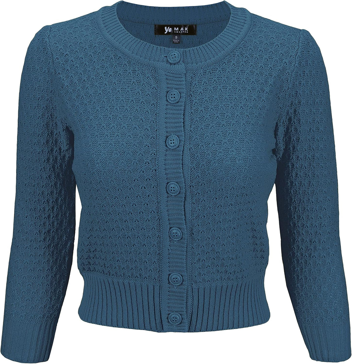 YEMAK Women's Cropped 3/4 Sleeve Crewneck Button-Down Cardigan Sweater