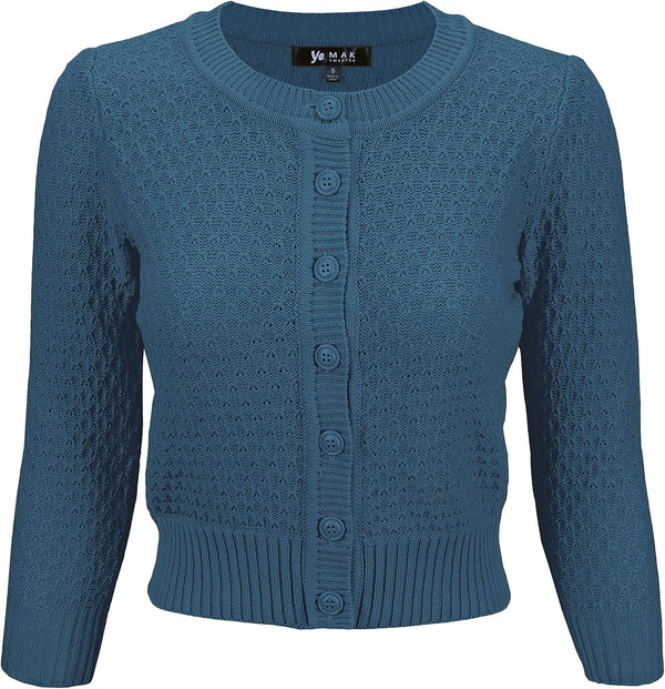 YEMAK Women's Cropped 3/4 Sleeve Crewneck Button-Down Cardigan Sweater