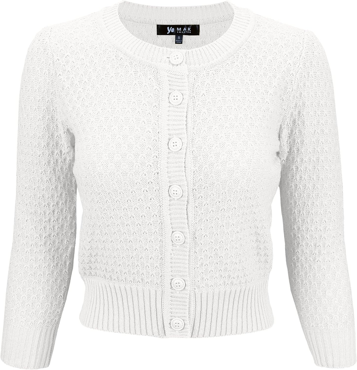 YEMAK Women's Cropped 3/4 Sleeve Crewneck Button-Down Cardigan Sweater