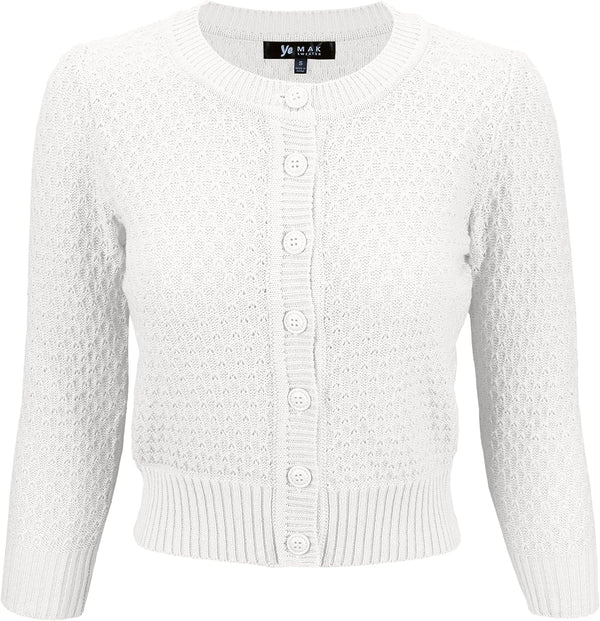 YEMAK Women's Cropped 3/4 Sleeve Crewneck Button-Down Cardigan Sweater