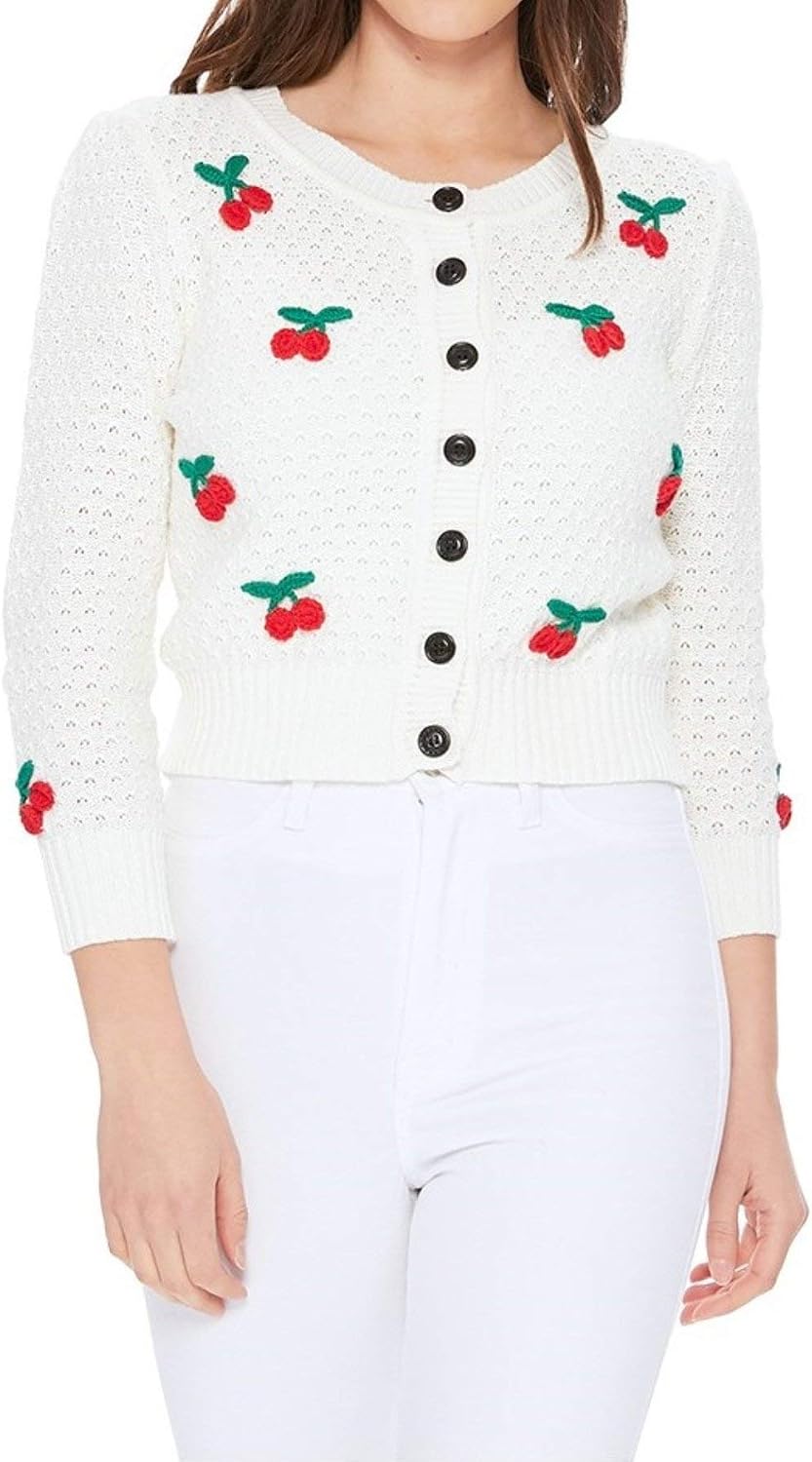 YEMAK Women's Cropped 3/4 Sleeve Crewneck Button-Down Cardigan Sweater