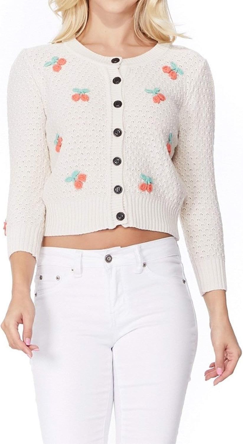 YEMAK Women's Cropped 3/4 Sleeve Crewneck Button-Down Cardigan Sweater