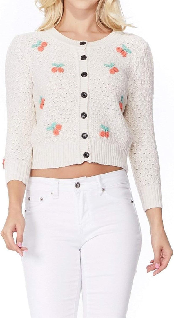 YEMAK Women's Cropped 3/4 Sleeve Crewneck Button-Down Cardigan Sweater
