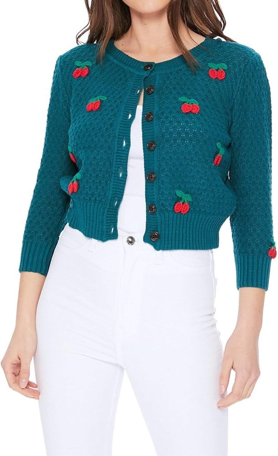 YEMAK Women's Cropped 3/4 Sleeve Crewneck Button-Down Cardigan Sweater