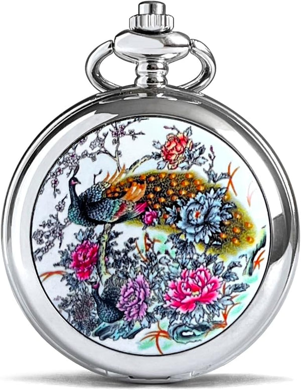 Quartz Beautiful Peony Bird Enamel Painting Steampunk Silver Pocket Wa