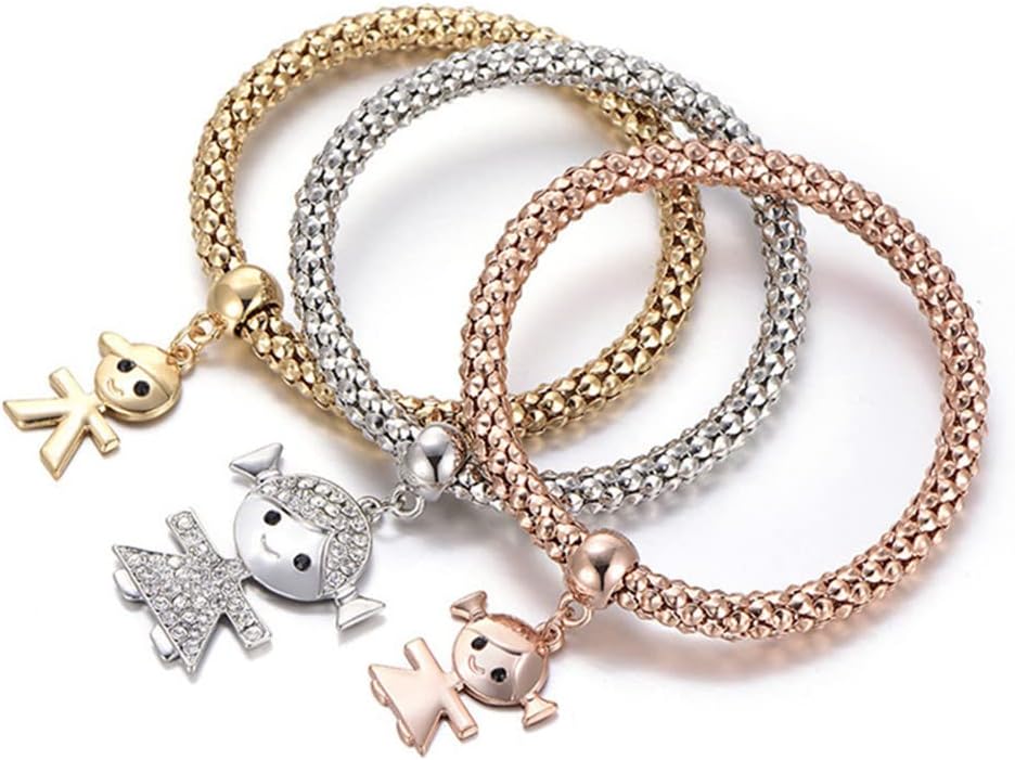 SILANER Crystal Charms Multilayer Bracelets - 3PCS Gold/Silver/Rose Gold Corn Chain Bracelet for Women, Tree of Life Heart Shaped Stretch Bracelet