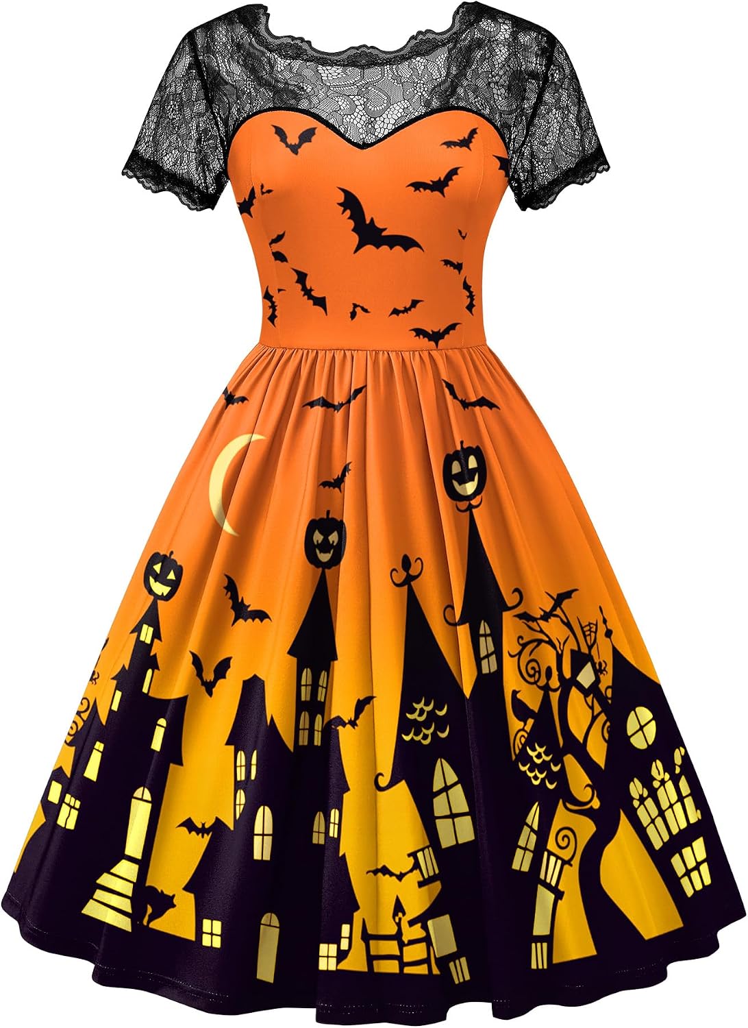 Women Halloween Party Costume Vintage Swing Lace Short Sleeve Witch Dress