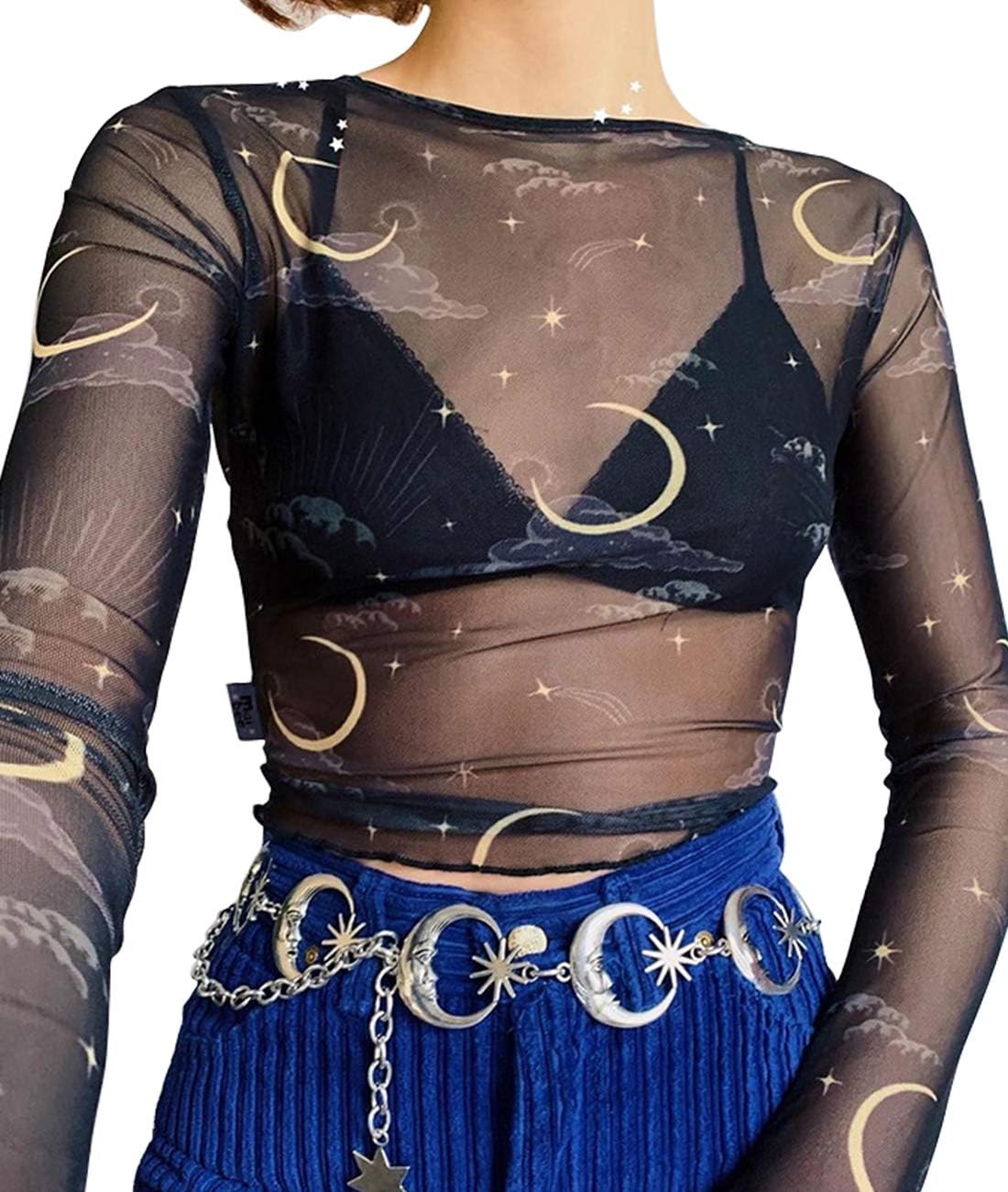 MIZOK Women's Long Sleeve See Through Shirts Angel Print Sexy Sheer Mesh Crop Tops