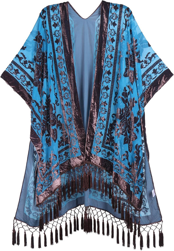 Women's Burnout Velvet Kimono Long Cardigan Cover Up With Tassel