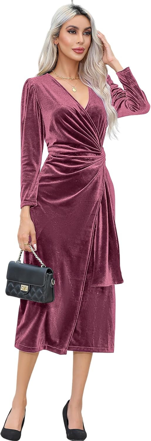 R.Vivimos Women's Velvet Wrap Fall Winter Elegant Midi Dress