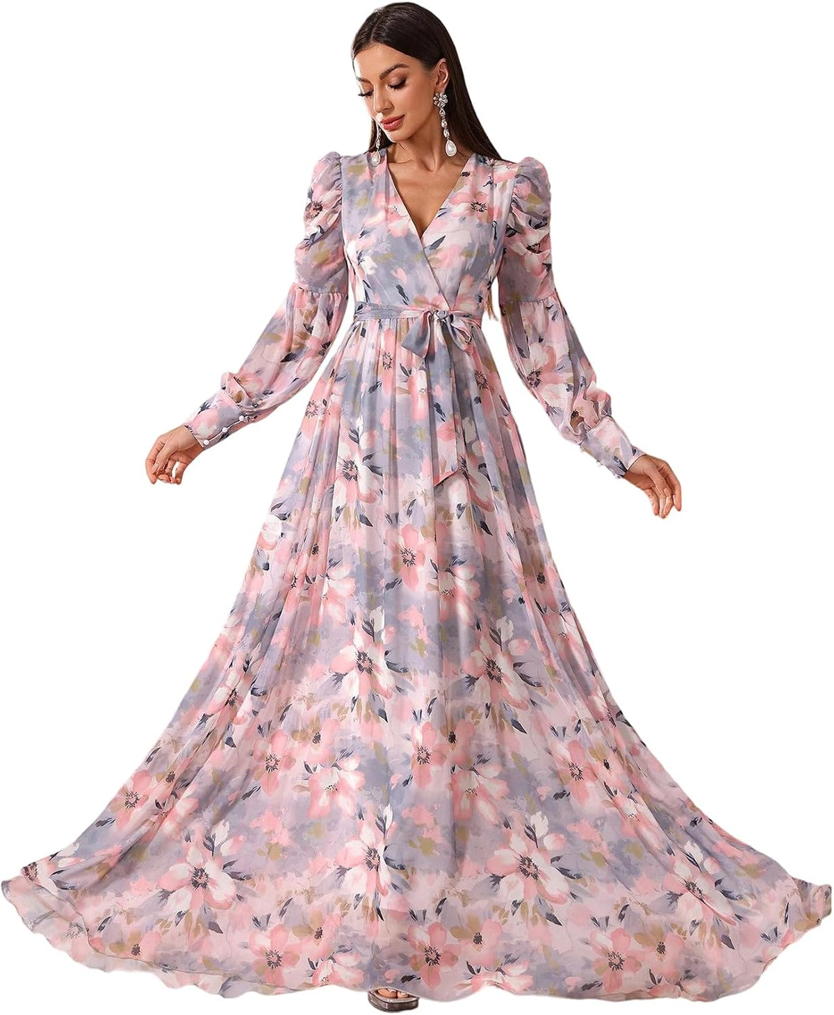 Womens Summer Dresses,Floral Patterns Vintage Elegant Cocktail Long Sleeve Boho Casual Maxi Wedding Guest Dresses for Women