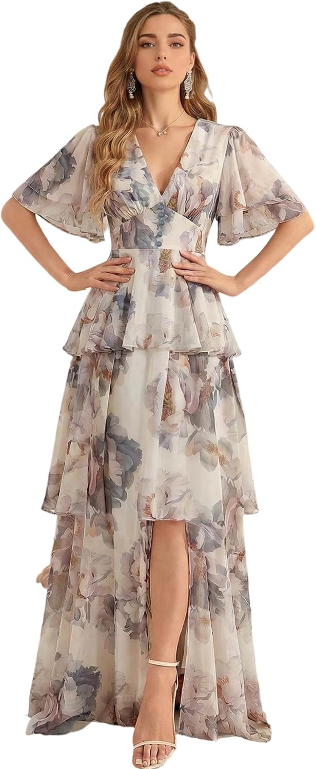 Womens Summer Dresses,Floral Patterns Vintage Elegant Cocktail Long Sleeve Boho Casual Maxi Wedding Guest Dresses for Women