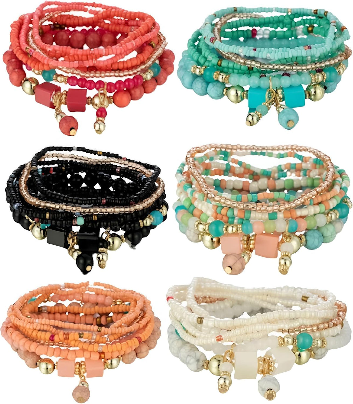 Women Beaded Bracelet Set | Colorful Boho Stackable Trendy Design with Crystal Accents Multilayer Bangle Bracelet | Fashion Stretch Braclets Jewelry for Women
