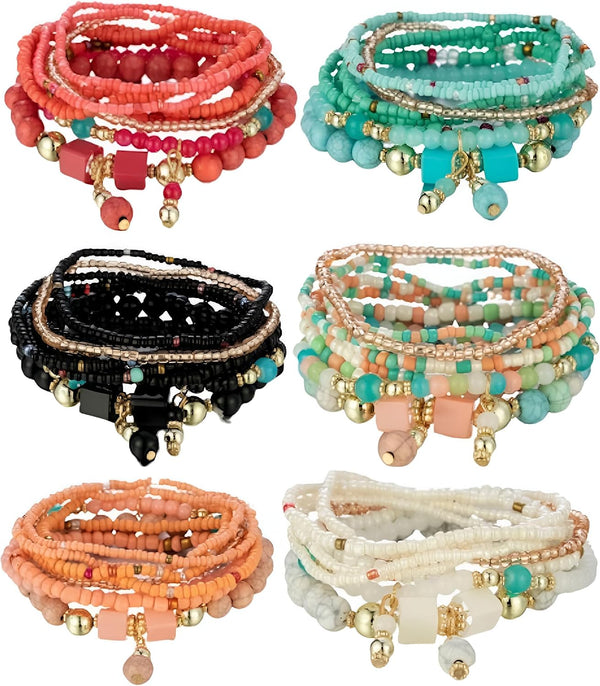Women Beaded Bracelet Set | Colorful Boho Stackable Trendy Design with Crystal Accents Multilayer Bangle Bracelet | Fashion Stretch Braclets Jewelry for Women