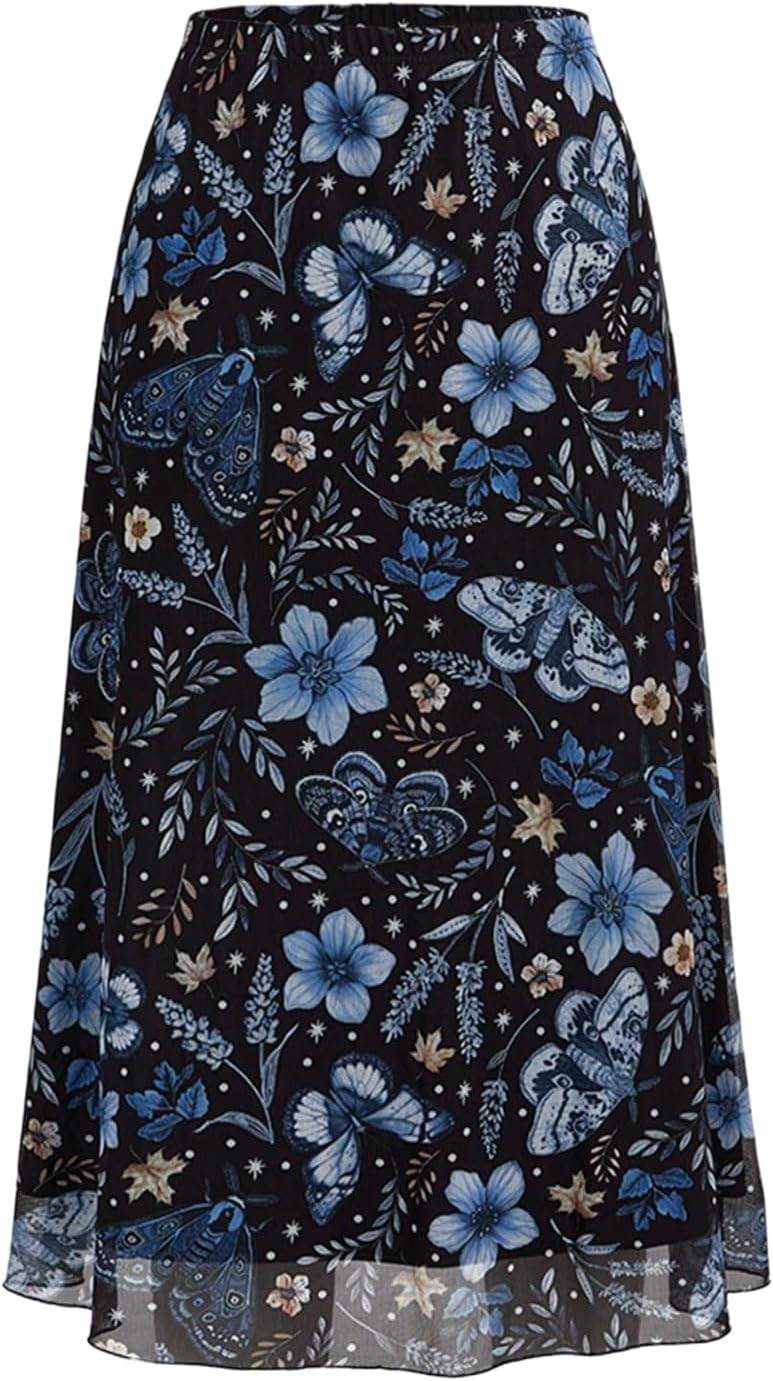 Milumia Women's Floral Mesh Midi Skirt Elastic A Line Whimsical Skirts