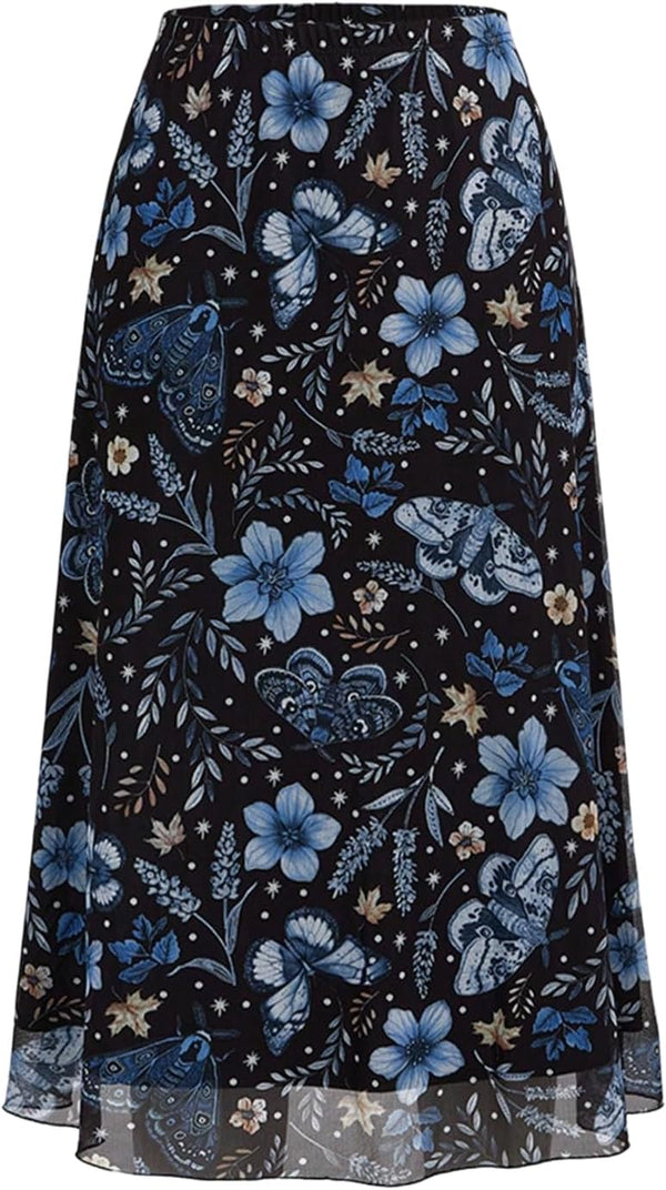 Milumia Women's Floral Mesh Midi Skirt Elastic A Line Whimsical Skirts