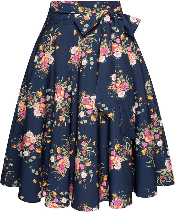 Belle Poque Women's High Waist A-Line Pockets Skirt Skater Flared Midi Skirt Vinage Skirt