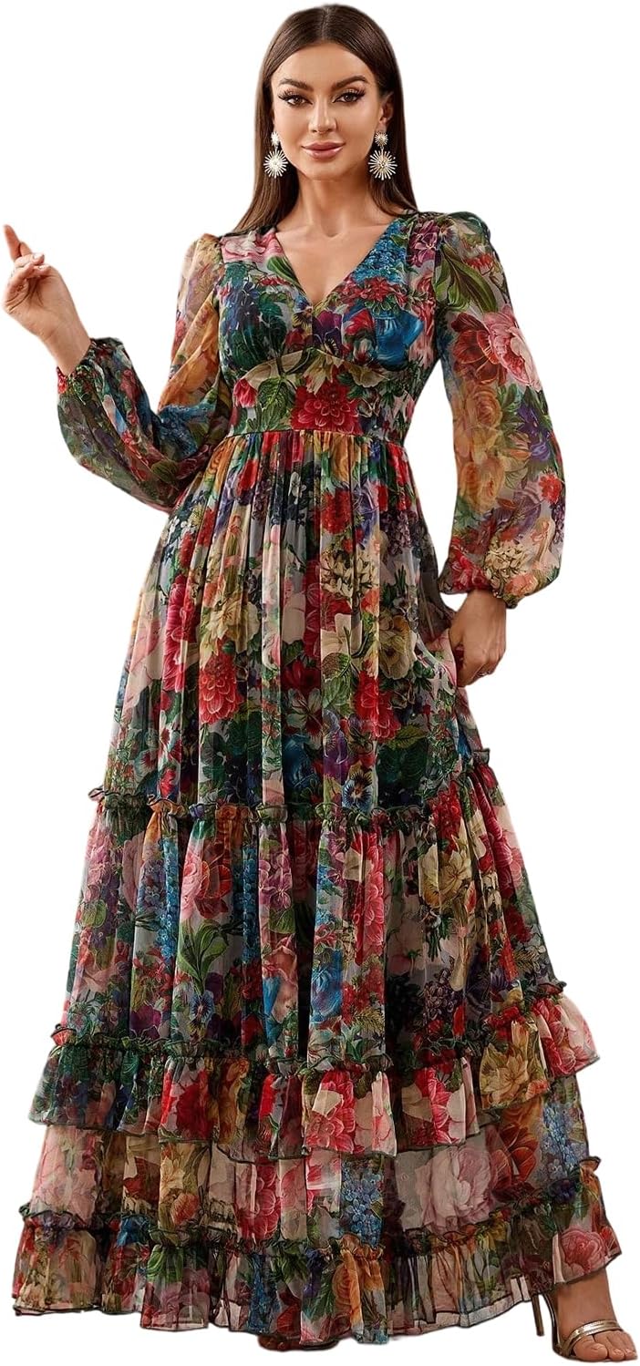 Womens Summer Dresses,Floral Patterns Vintage Elegant Cocktail Long Sleeve Boho Casual Maxi Wedding Guest Dresses for Women