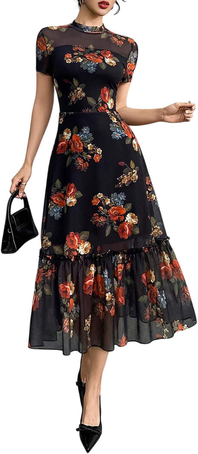 GothDark Women's Summer Floral Mesh Ruffle Casual Maxi Wedding Guest Dress