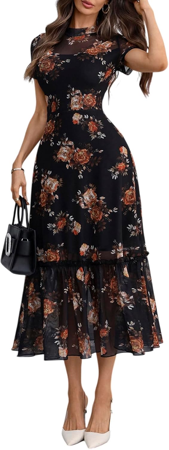 GothDark Women's Summer Floral Mesh Ruffle Casual Maxi Wedding Guest Dress