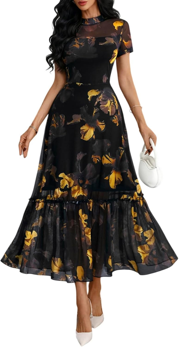 GothDark Women's Summer Floral Mesh Ruffle Casual Maxi Wedding Guest Dress