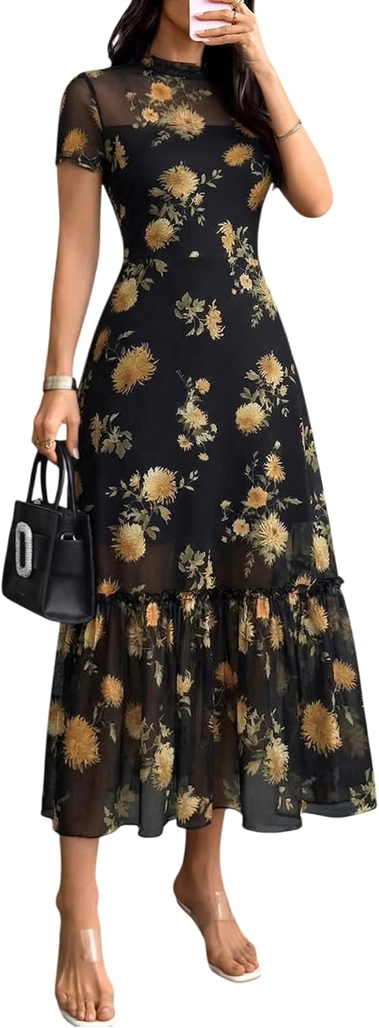 GothDark Women's Summer Floral Mesh Ruffle Casual Maxi Wedding Guest Dress